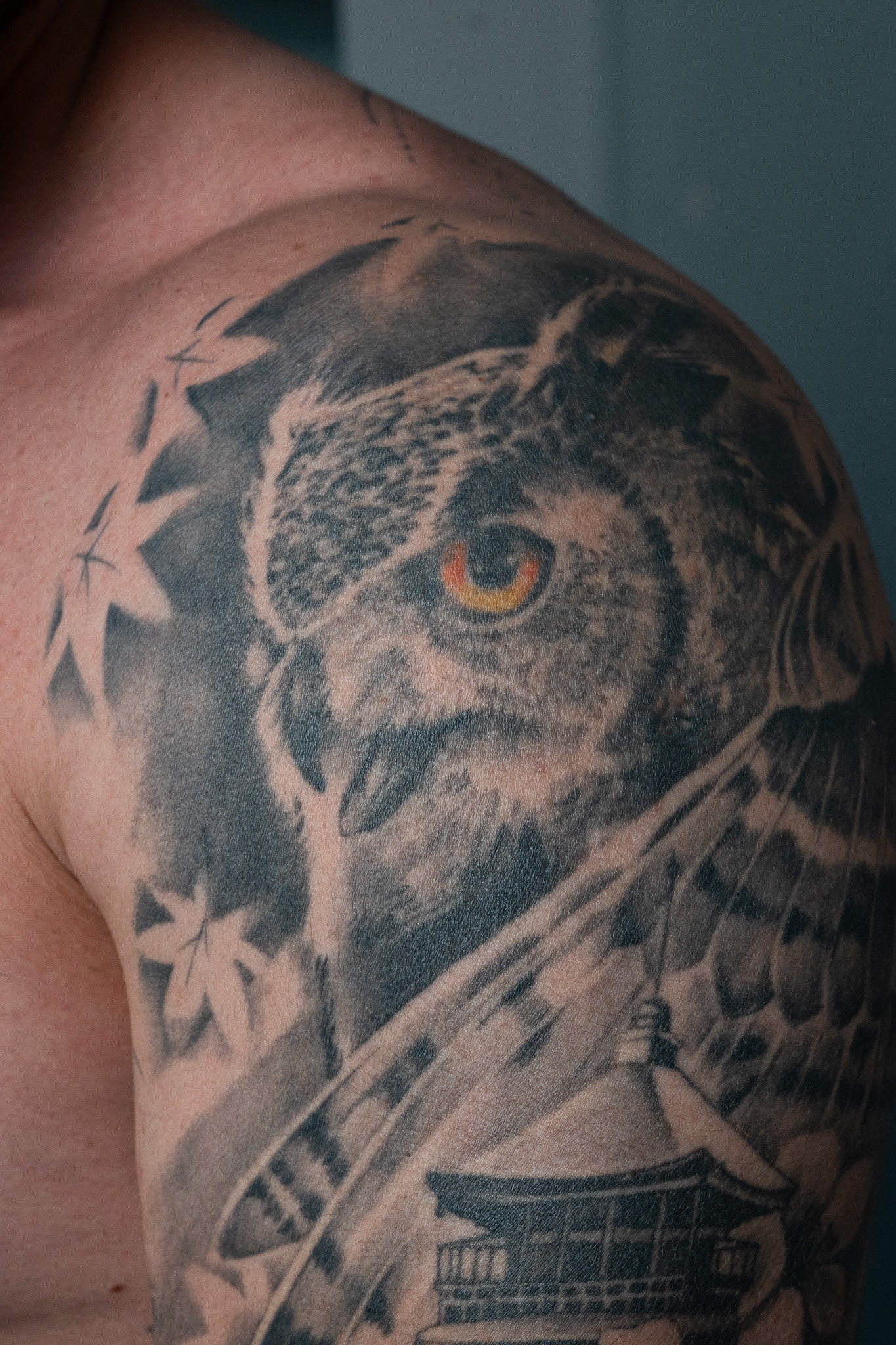 Tattoo - Uil met Japanse tempel